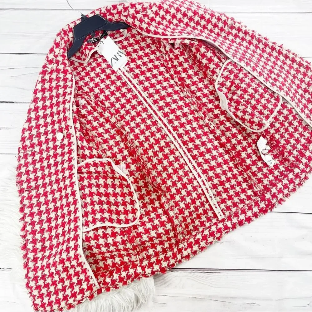 Zara Houndstooth Women's Tweed Textured Lapel Collar Coat Jacket‎ in Red Size XS